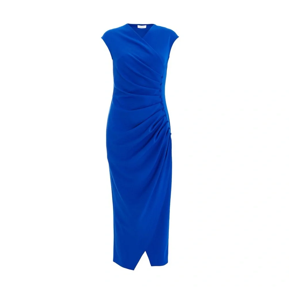 NWT Quiz Women's Scuba Crepe Blue Maxi Dress With Wrap Button Detail Size 14 - Picture 5 of 10